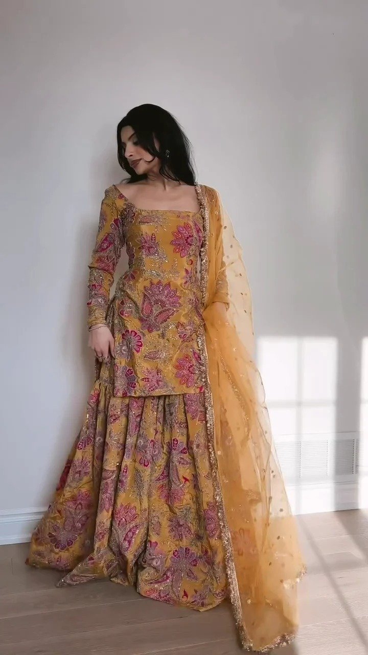 Musted Yellow Designer Suit Set with Embroidered Scalloped Dupatta & Straight Pants – Premium Silk Blend Ethnic Gown for Weddings, Parties, and Festive Wear