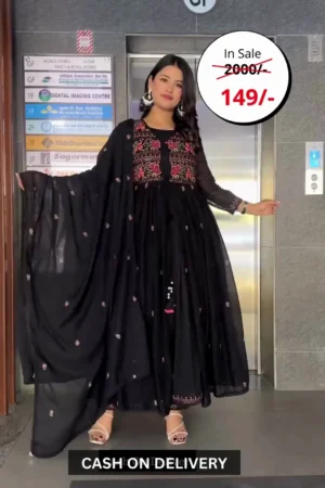 Black Faux Georgette Sequence Work Straight Suit